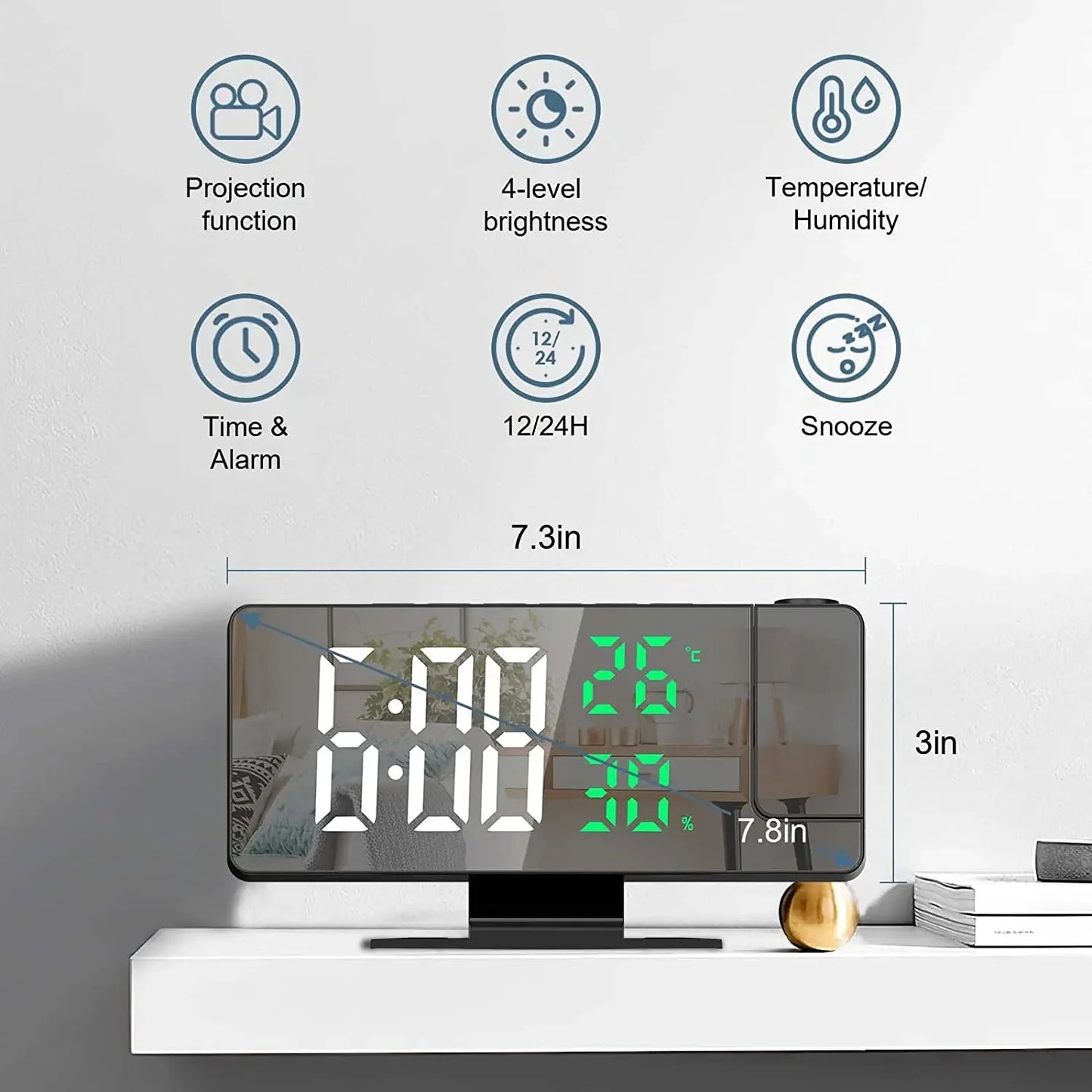 LED Digital Projection Alarm Clock – Ceiling Projector with Time, Temperature Display, Backlight & Snooze Function for Home