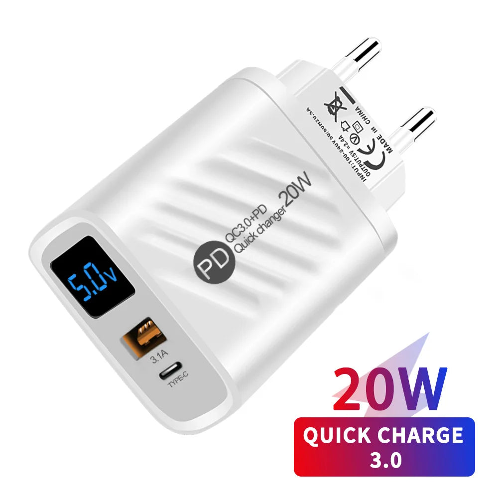 20W USB-C PD Fast Charger with Digital Display - Type C Wall Charging Adapter for iPhone, Samsung, Xiaomi, Huawei