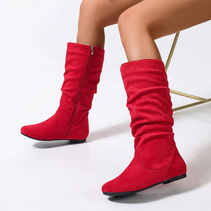 Pleated PU Women’s Fashion Boots – Casual Side-Zip Round Toe Flat High Solid Color Boots