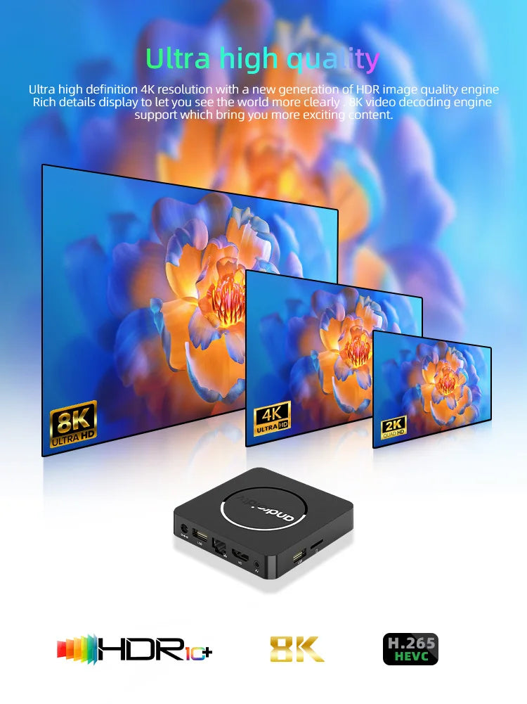 Q10 Android 14 8K Smart TV Box – Allwinner H313, 128GB, Dual WiFi, BT5.0, HDR10+ Media Player with Google Voice Assistant