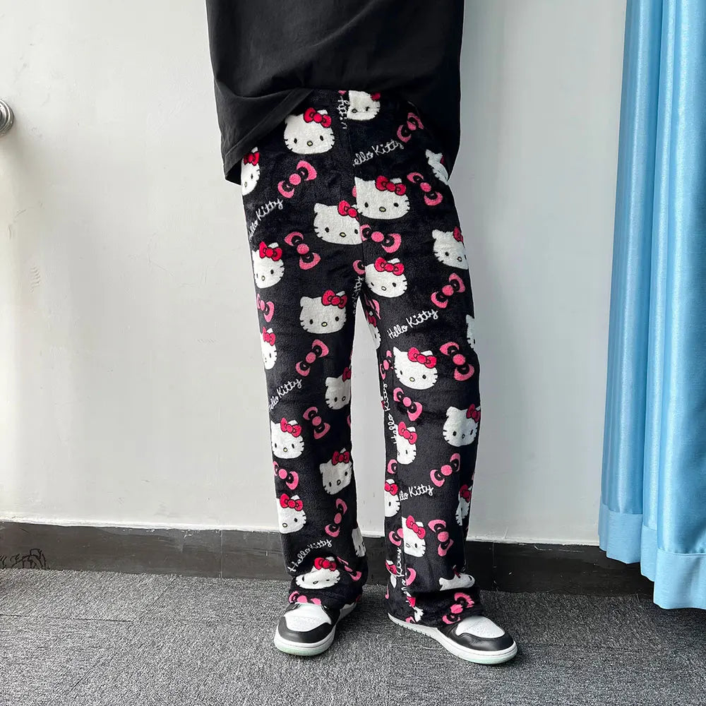 Sanrio Hello Kitty Flannel Pajamas - Women's Warm Woolen Cartoon Casual Home Pants, Black Autumn Winter Fashion Trousers