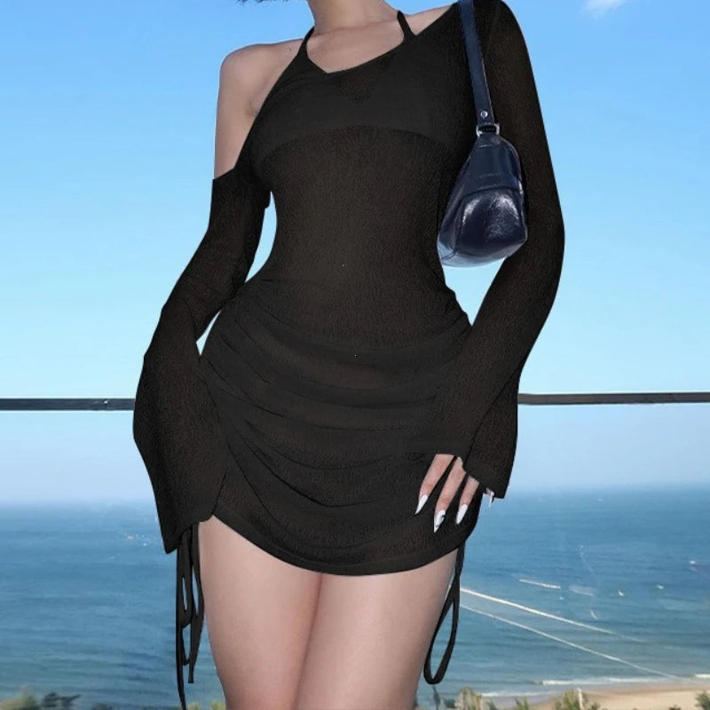 Women's See-Through Mini Dress – Ruched Lace-Up Skew Collar Strap Bodycon Party Clubwear Summer 2025