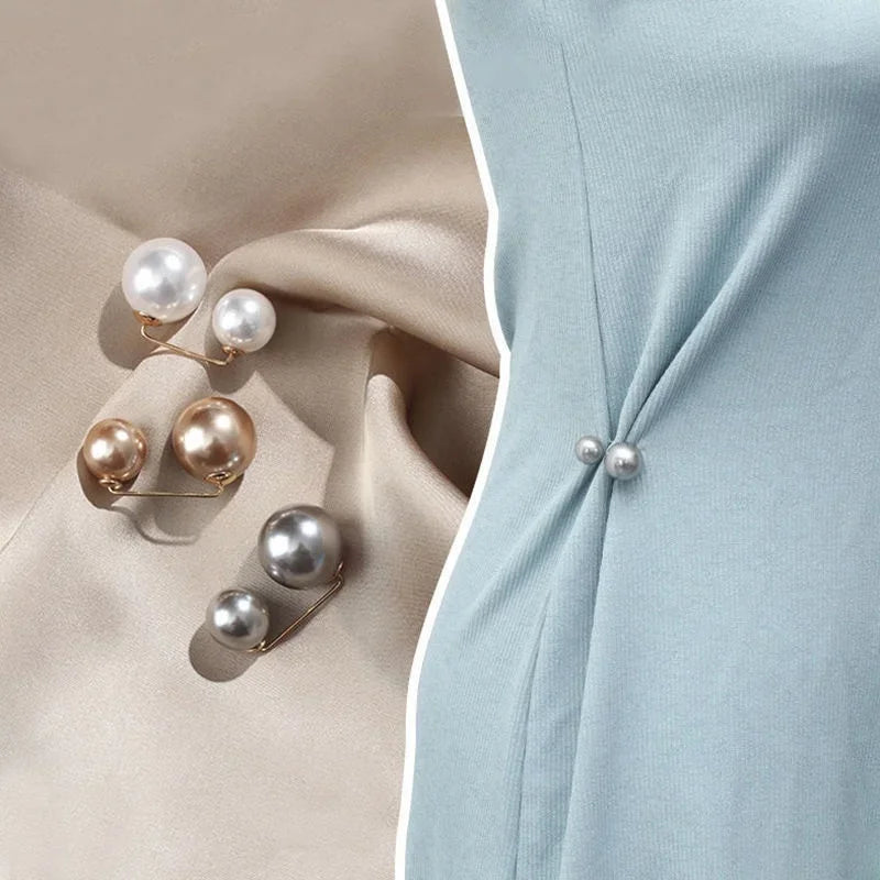 Double Pearl Brooch Pins: Women's Fashion Tightening Waistband Metal Lapel Pin for Sweaters, Shirts, and Cardigans