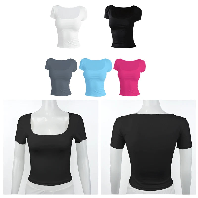Women’s Short Sleeve Summer T-Shirt – Slim Fit Solid Color Square Neck Elastic Y2K Streetwear Fashion Tee Top QX33
