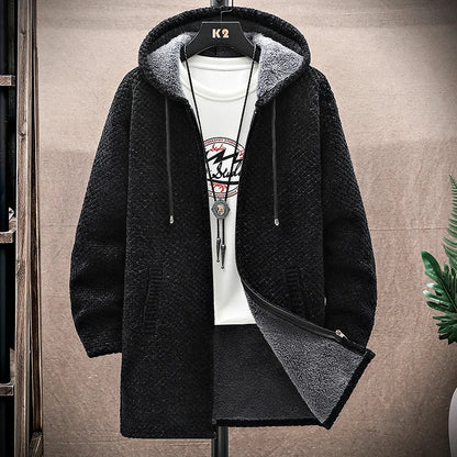 Men's Cashmere Hooded Cardigan Coat – Warm Fleece Long Sweater Jacket for Autumn Winter