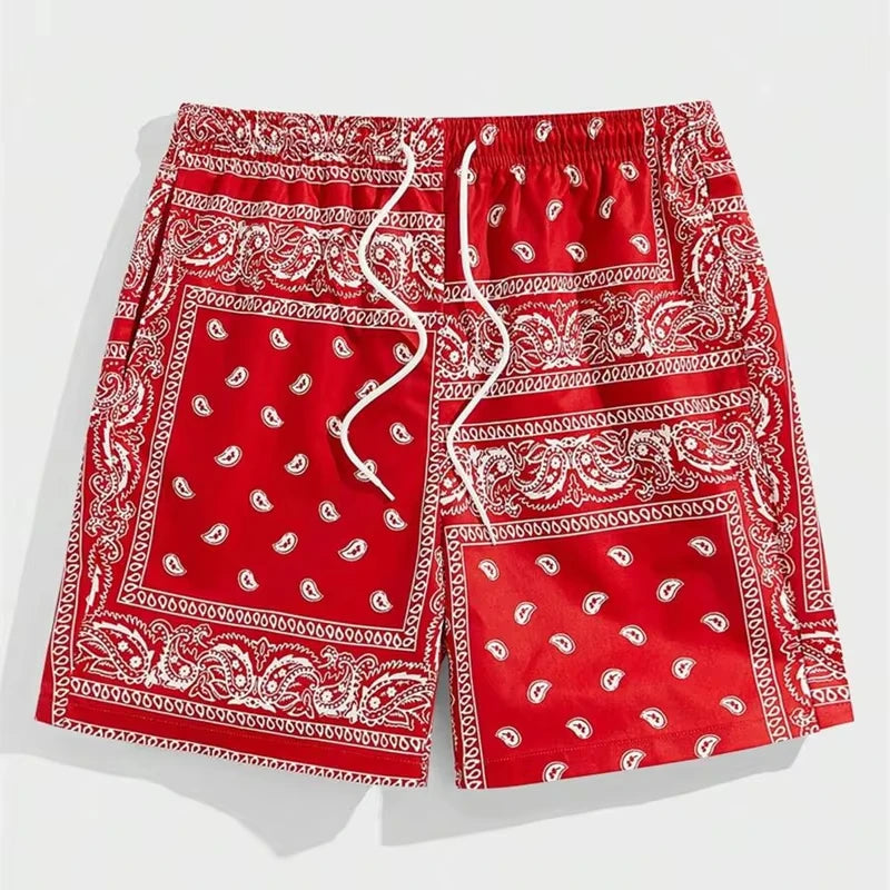 Trendy Bandana Graphic Beach Shorts - Men’s Summer 3D Printed Swim Trunks