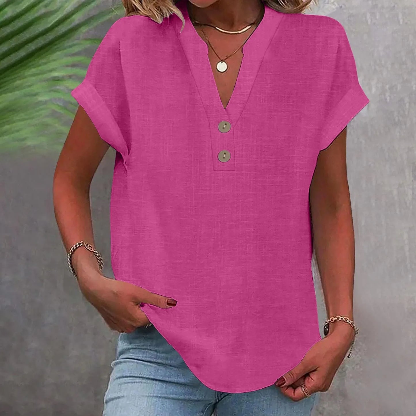 Women’s Cotton Linen Button-Down V-Neck Shirt – Breathable Solid Color Summer Office Casual Top 2025