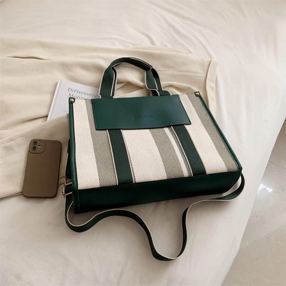 MOODS Quality Canvas Tote Bag for Women 2023 – Luxury Designer Handbag, Contrast Color Striped, Big Shoulder Crossbody Shopper Totes