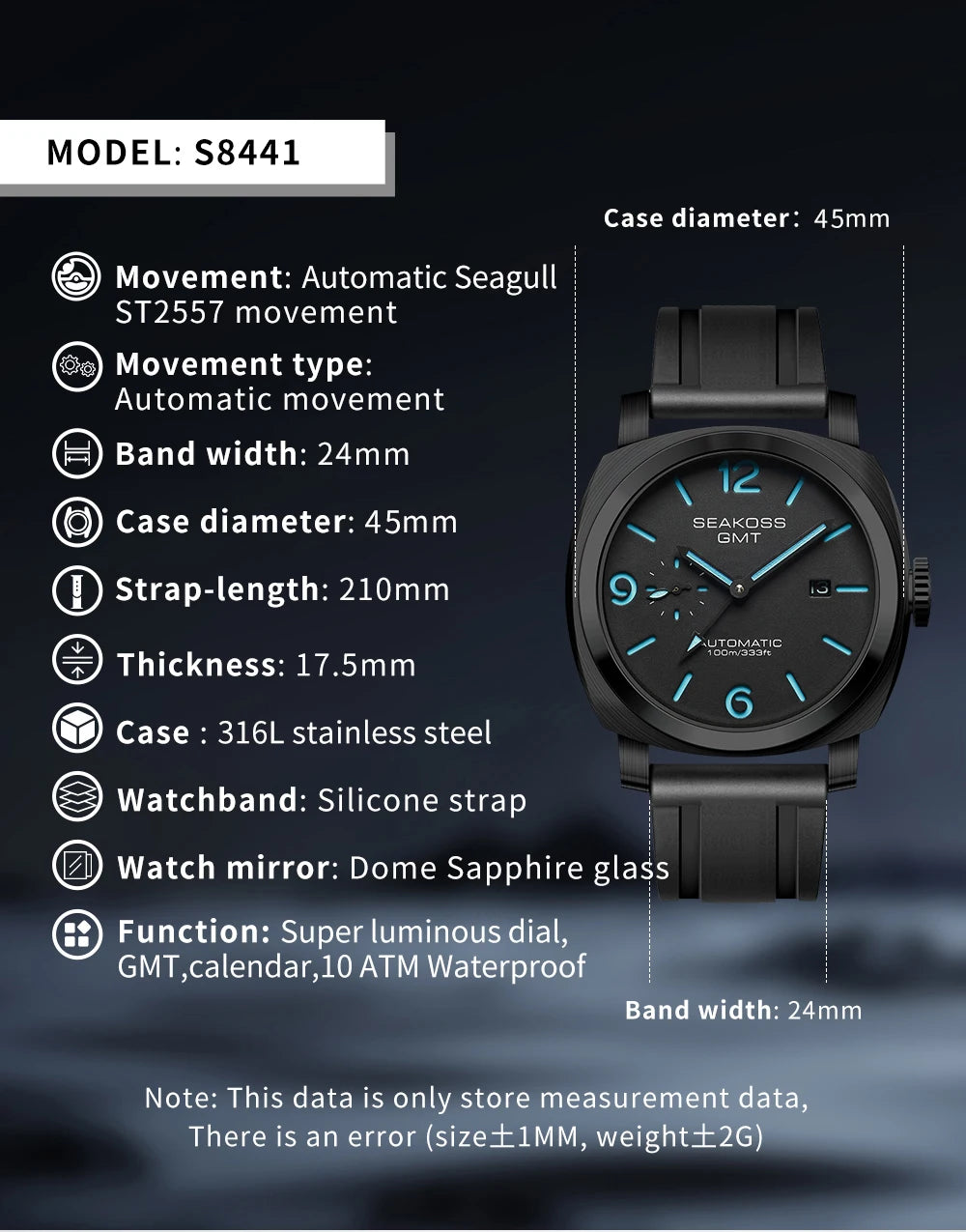 SEAKOSS GMT Men’s Diving Automatic Mechanical Watch — 10ATM Waterproof, 1963 Original 2557 Movement, Calendar, Sapphire Crystal