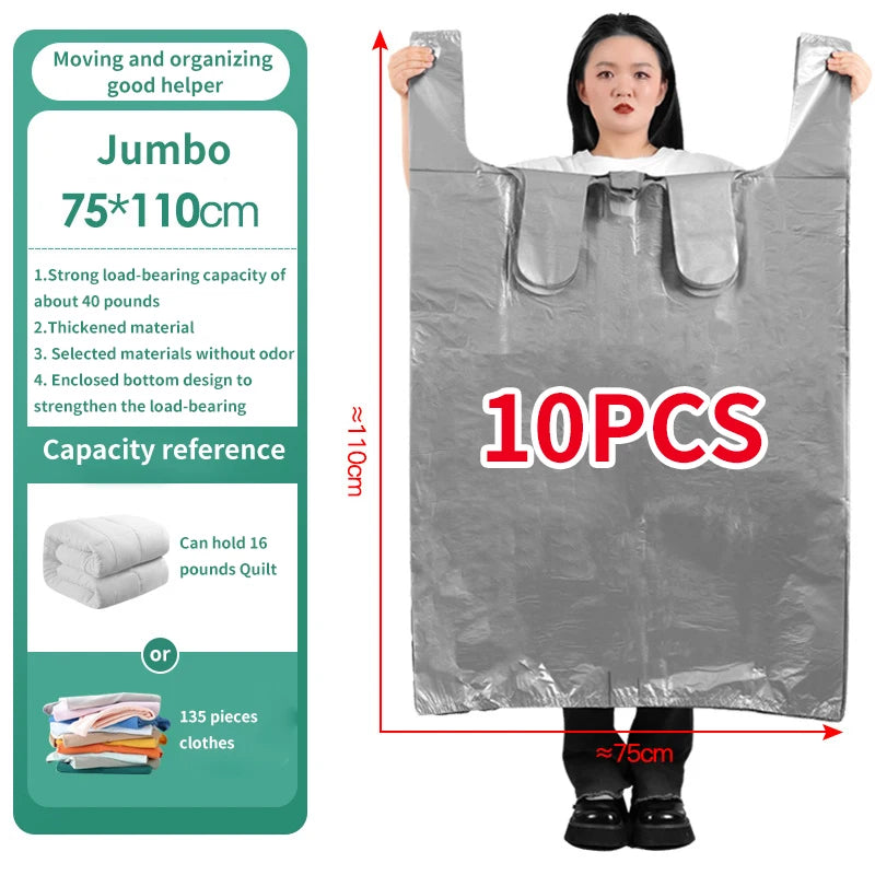 10PCS Large Plastic Storage Bags — Thick Moving & Organizer Bags for Clothes, Toys, Bedding, Duvets