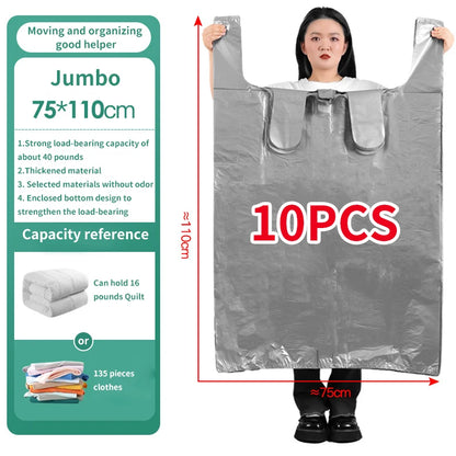 10PCS Large Plastic Storage Bags — Thick Moving & Organizer Bags for Clothes, Toys, Bedding, Duvets