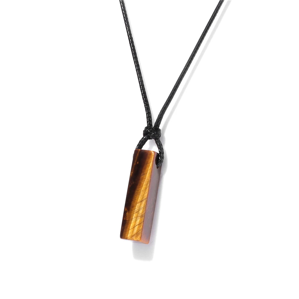 Men's Vintage Rectangle Obsidian Pendant Necklace – Natural Tiger Eye & Labradorite Gem, Leather Rope Braid Healing Jewelry