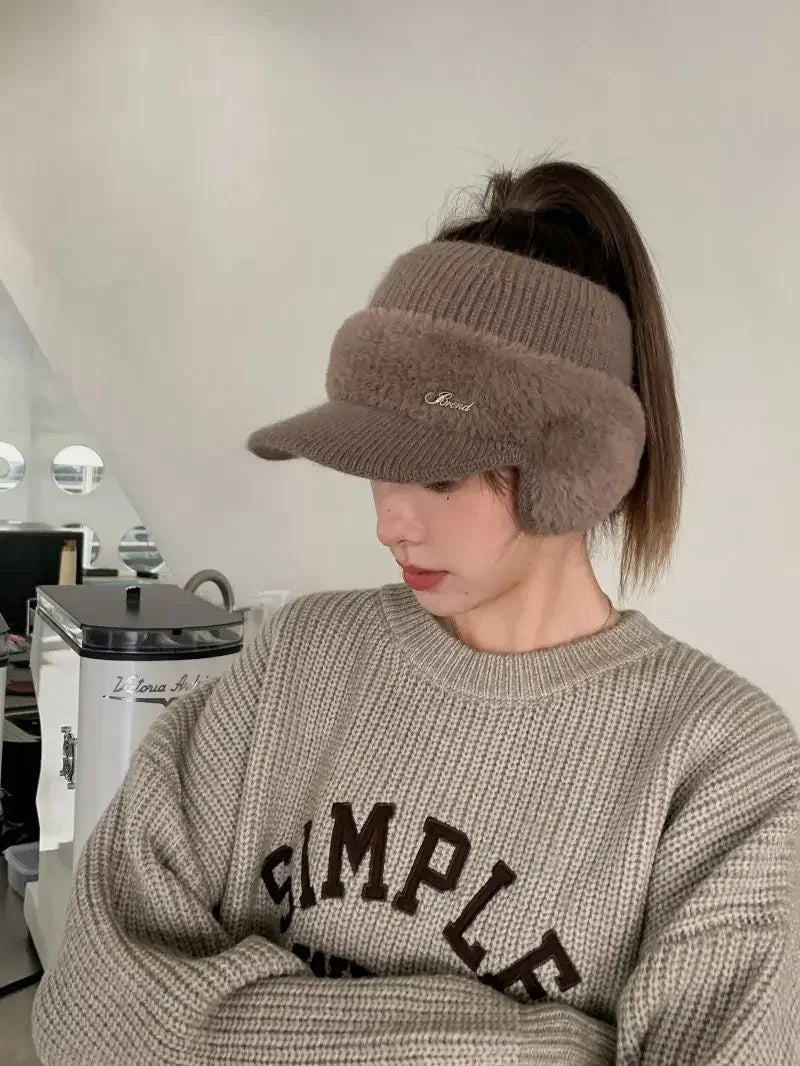 Winter Hats for Women 2023 – Fashionable Knitted Earflap Baseball Cap, Windproof Ponytail Visor for Outdoor Sports