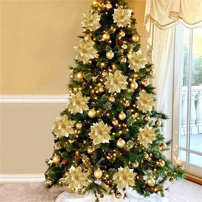 Glitter Artificial Christmas Flowers – 14.5cm Pink, Red & Gold Tree Ornaments for Holiday Home Decor