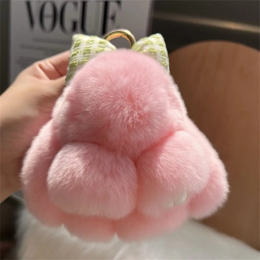 Hair Bow Rabbit Fur Keychain – Cute Fluffy Bunny Plush Bag Charm & Couple Pendant