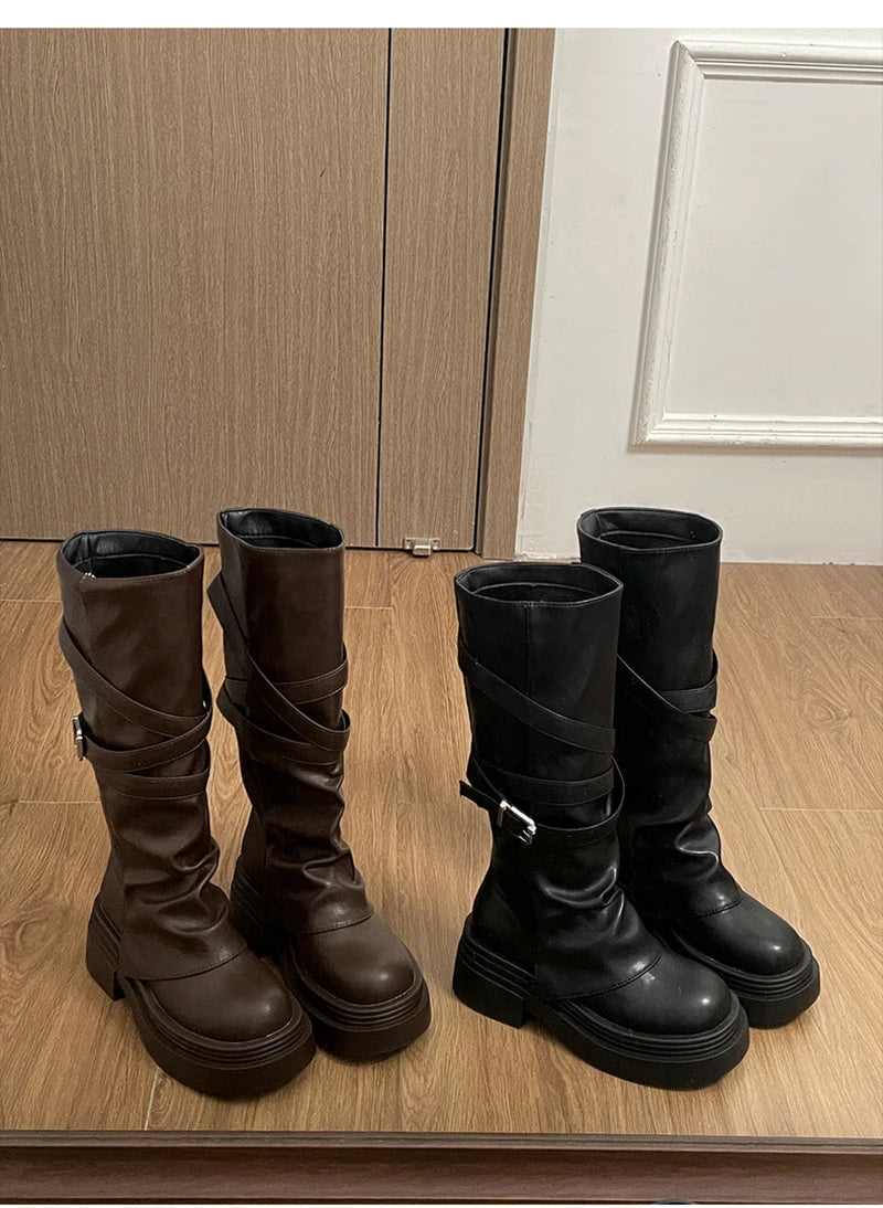 Vintage Thick Heel Women’s Knee-High Boots – Slip-On Fashion Booties for Autumn & Winter