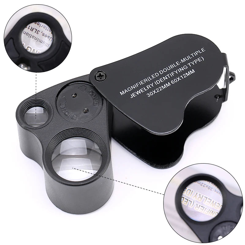 30X 60X LED Jewelry Loupe Magnifier - Foldable Illuminated Eye Glass for Gems Coins and Watch Inspection