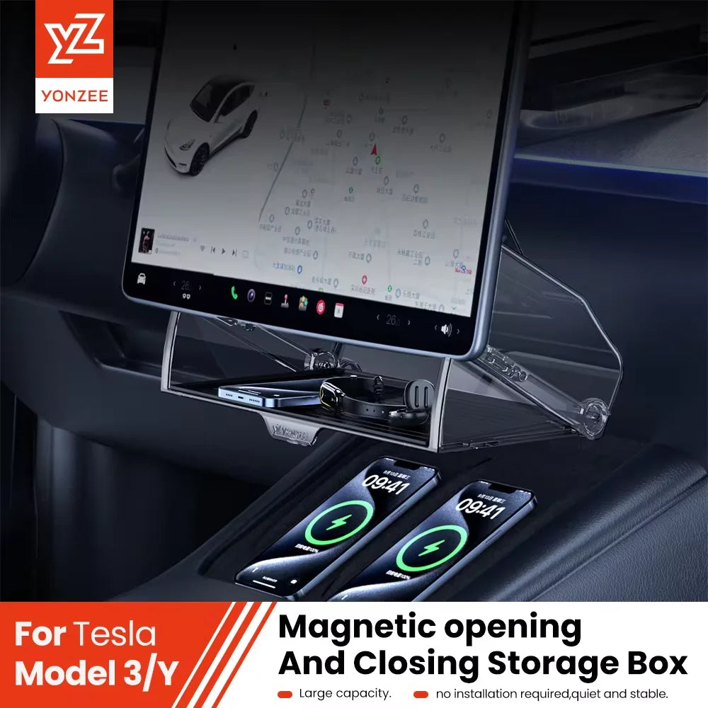 YZ Tesla Model 3/Y Highland Juniper Magnetic Under Screen Storage Box - Hidden Tray Organizer