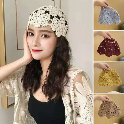 Autumn Winter Knitted Beret – Hollow Lace Flower Fashion Skullies Hat for Women, Casual Bonnet Cap
