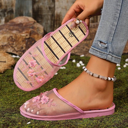 Women’s Embroidered Sequin Flower Mules - Breathable Mesh Closed-Toe Soft Sole Summer Sandals