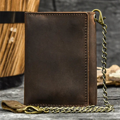 Men’s Genuine Leather Short Wallet with Chain – Trifold Zipper Clutch, Card Holder & Coin Purse