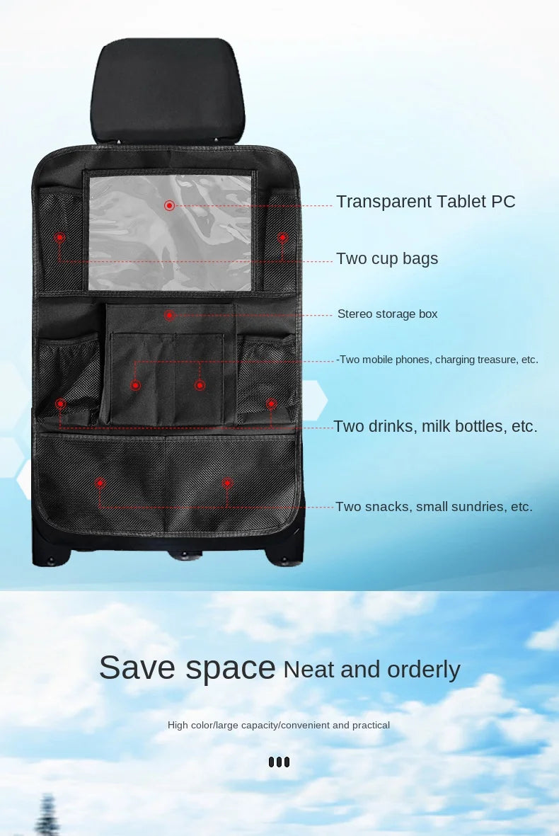 Car Backseat Organizer with Touch Screen Tablet Holder - Auto Storage Pockets & Seat Protectors