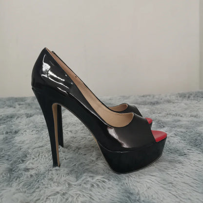 Women’s Sexy Platform Peep Toe Pumps – 14cm Stiletto Patent Leather High Heels for Party & Wedding