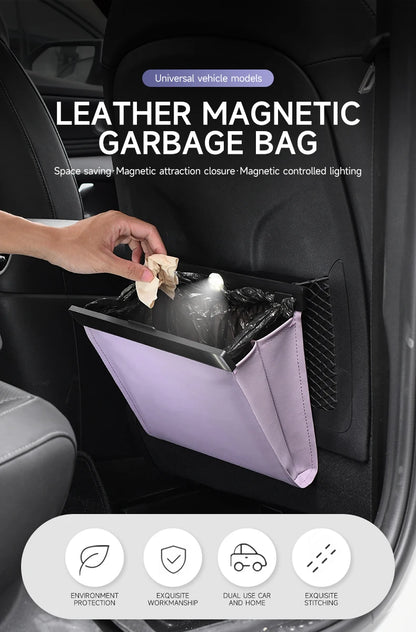 Car Garbage Bag with LED – Waterproof Magnetic Adsorption Storage, Leather Seat Hanging Trash Can, Leak-Proof Storage Pocket