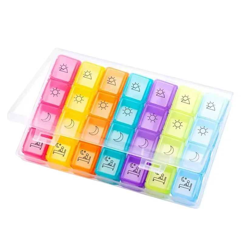 21/28-Grid Pillbox Storage — Portable Weekly 7-Day Medication Organizer, Plastic Pill Container Case