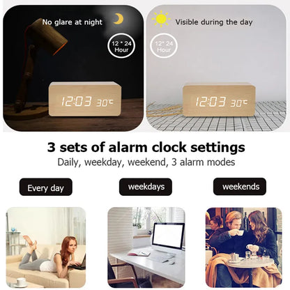 Wooden LED Digital Alarm Clock: Stylish Desk & Bedside Clock with Temperature Display