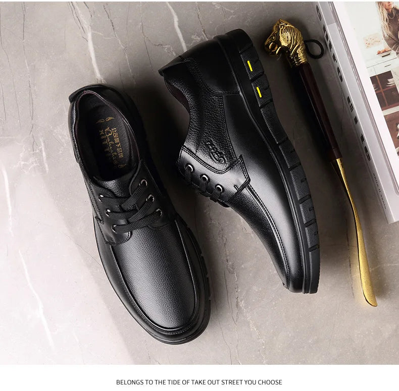 Men's Genuine Leather Casual Shoes - Soft Sole Lace-Up Loafers, Luxury Brand for Middle-Aged & Older Adults, Lightweight Dad Shoes