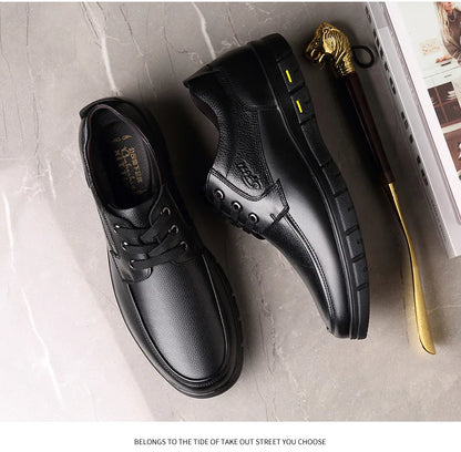 Men's Genuine Leather Casual Shoes - Soft Sole Lace-Up Loafers, Luxury Brand for Middle-Aged & Older Adults, Lightweight Dad Shoes