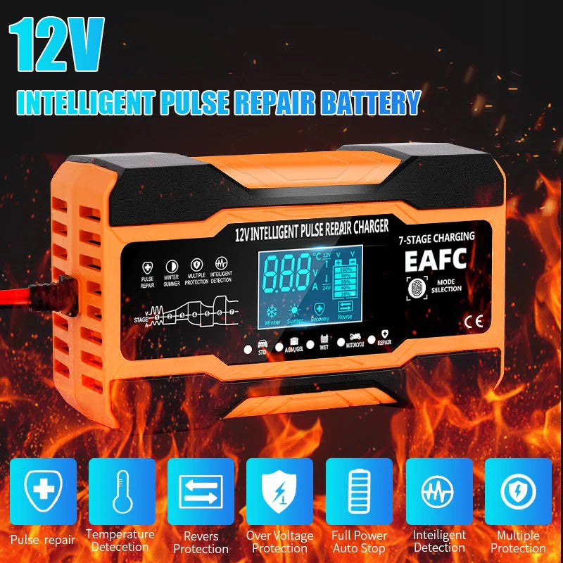 12V/24V Smart Battery Charger — 10A/12A Fast Charger with 7-Stage Pulse Repair for AGM, GEL, WET Lead-Acid Car Batteries