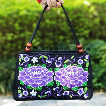 Embroidered Canvas Top Handle Bag for Women - Double Layered with Zippered Compartments, Ideal for Work and Play