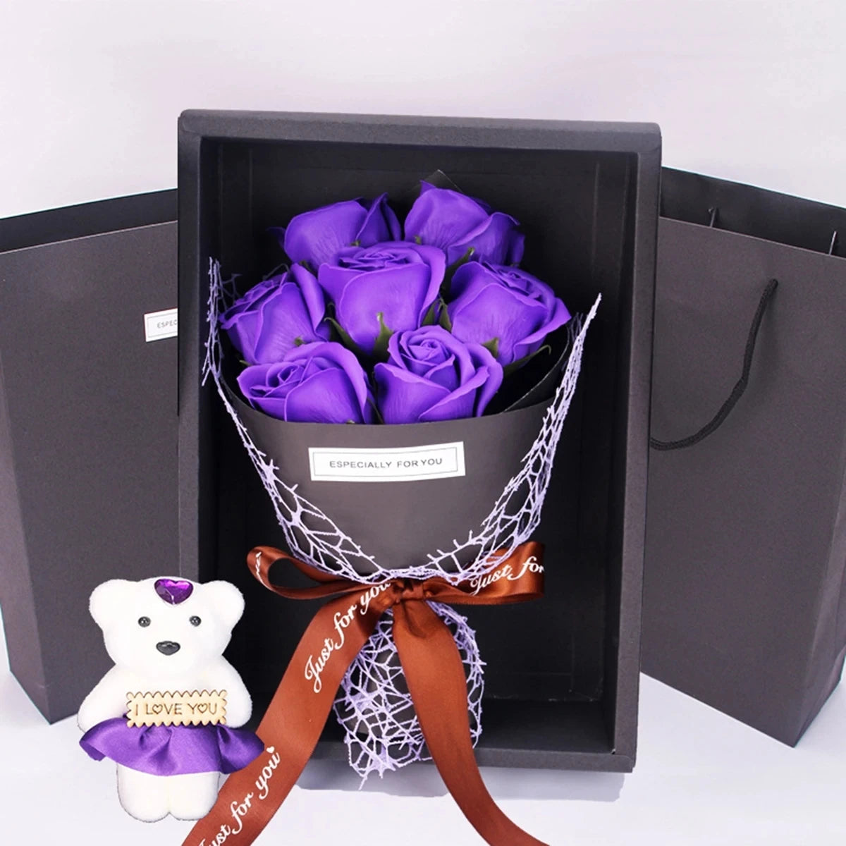 Handmade 7 Rose Soap Bouquet with Little Bear Gift Box – Creative Valentine’s, Mother’s Day & Birthday Flower Gift