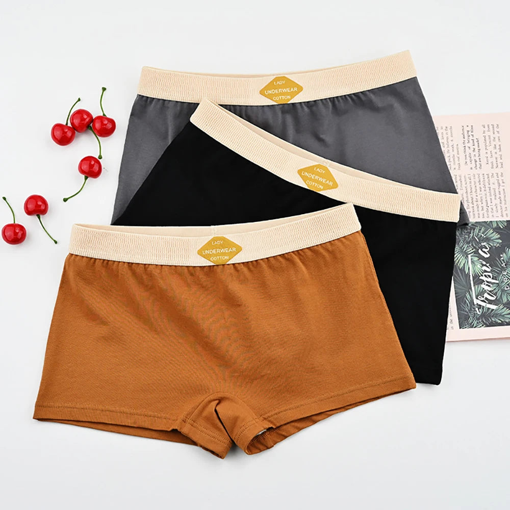 3PCS Women’s Cotton Boxer Underwear — Multicolor Solid Breathable Knit Panties, Soft High-Elastic Mid-Rise Boyshorts
