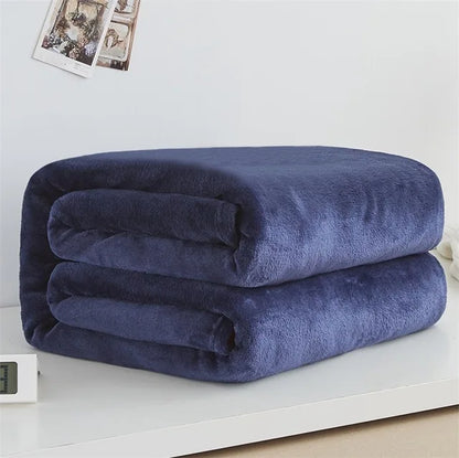 230GSM Coral Fleece Flannel Blanket – Soft Warm Solid Color Bedspread Sofa Throw Faux Fur Plaid Blanket (Blue/Pink)