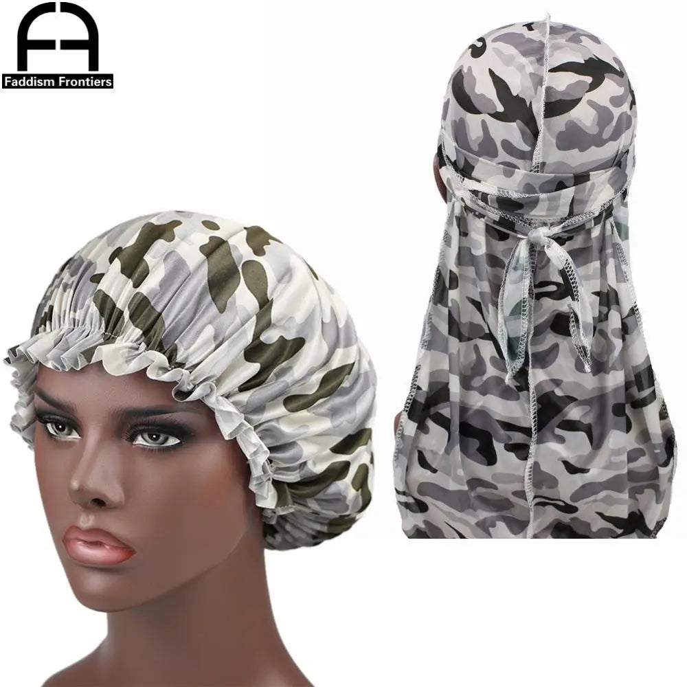 Camo Silky Durag & Bonnet Set - Ankara Print Sleeping Cap and Turban for Women