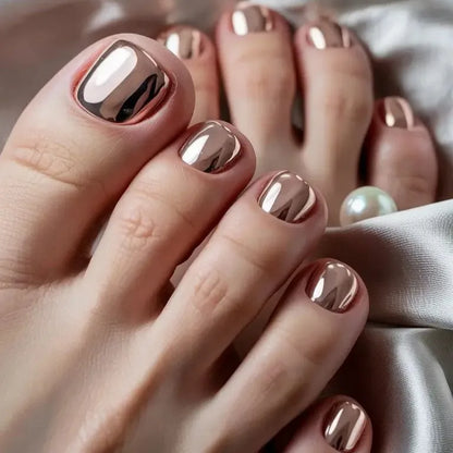 24Pcs Glossy Gold Press-On Toenails - Electroplated Metal Design Square False Toenails for Women & Girls