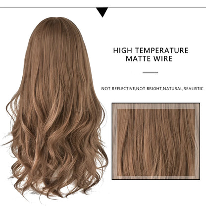 7JHH Brown Ash Long Deep Wave Lolita Wig for Women — Synthetic Hair with Bangs, Thick Curly Fashion Wig