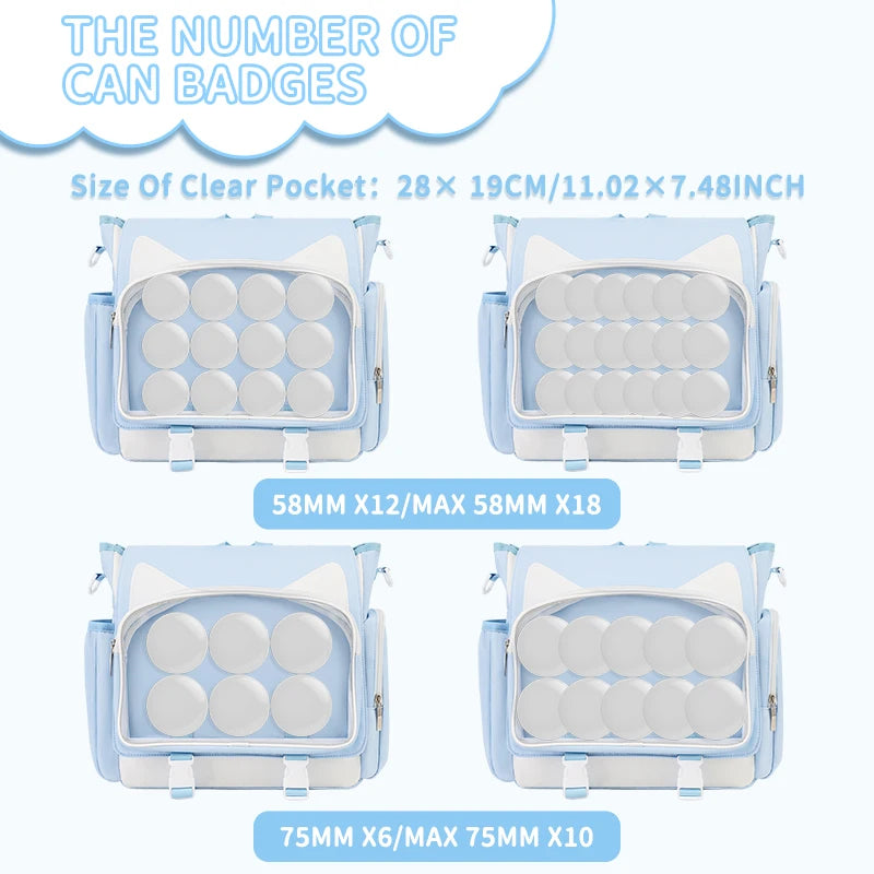 TINYAT Y2K Ita Bag — Waterproof Transparent School Backpack & Crossbody Bag for Girls with Cute Cat Ears
