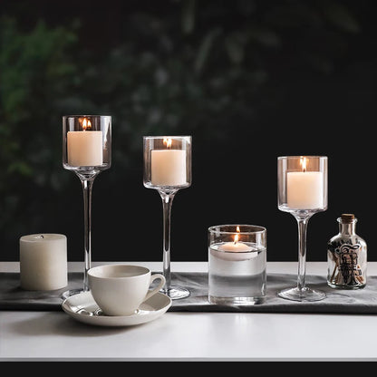 Modern Light Luxury High-Footed Glass Candle Holders – Transparent Wedding Props & Romantic Candle Lights