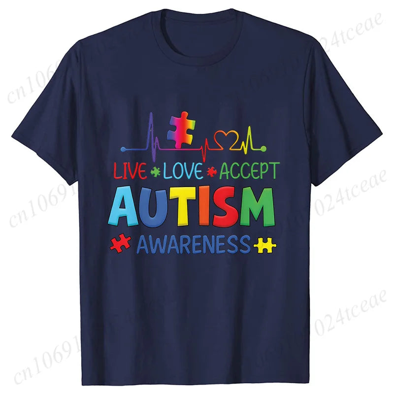 Women’s Live Love Accept Autism Awareness T-Shirt – Graphic Y2K Summer Top for Autism Awareness Month