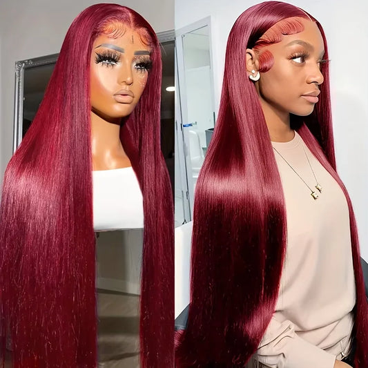 Burgundy 13x6 Lace Front Human Hair Wig - 99J Straight HD Lace Frontal High Density 200% Natural Look Wig for Women