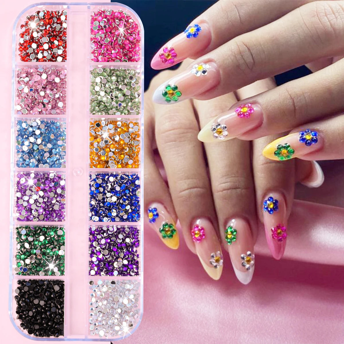 12-Grid 3D Glass AB Crystal Nail Art Rhinestones Kit – Flatback Round Beads with Tools for Nail Jewelry & Diamond Decoration