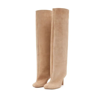 Women’s Suede Wide-Calf Knee-High Boots – Square Toe Stiletto Pull-On Riding Style Casual Chic Footwear