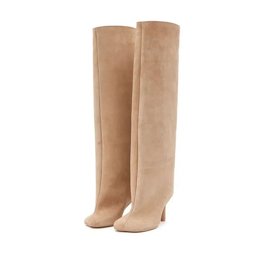 Women’s Suede Wide-Calf Knee-High Boots – Square Toe Stiletto Pull-On Riding Style Casual Chic Footwear
