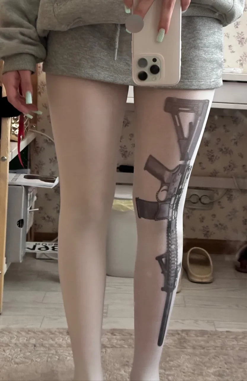 Y2K Letter Pattern Tights - Punk Black & White Sheer Stockings for Women, JK Fashion Style