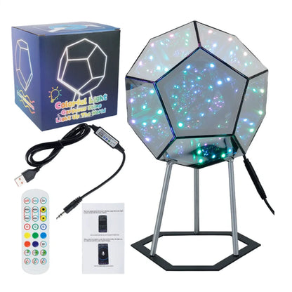 Dreamy Geometric Space LED Night Light Infinity Dodecahedron Mirror Art Lamp with Stand – Creative Color Changing Decor Gift for Christmas & Birthday