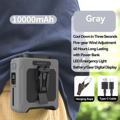 10000mAh Waist Clip Fan with Power Bank – Portable Hands-Free Rechargeable Fan | 5-Speed Cooling, Battery Display, USB Charging, Outdoor Wearable Fan
